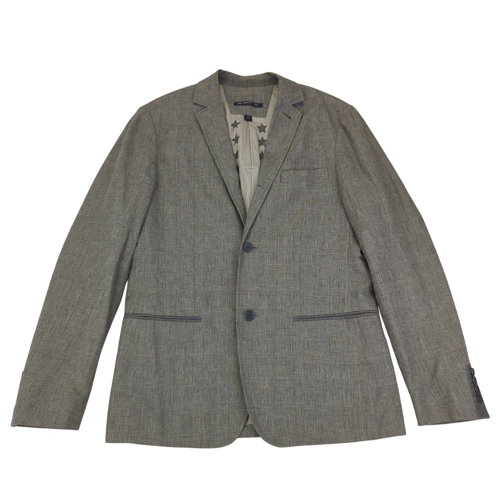 John Varvatos USA Mens Blazer Jacket Size 38 Brown Linen Cotton Plaid Two Button